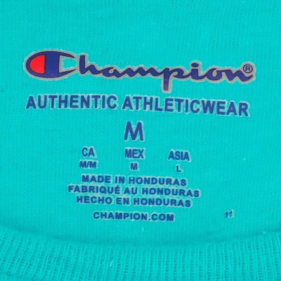 Champion Shirt Mens Medium Blue All Over Print Logo Graphic Tee T-Shirt Cotton - Picture 6 of 12